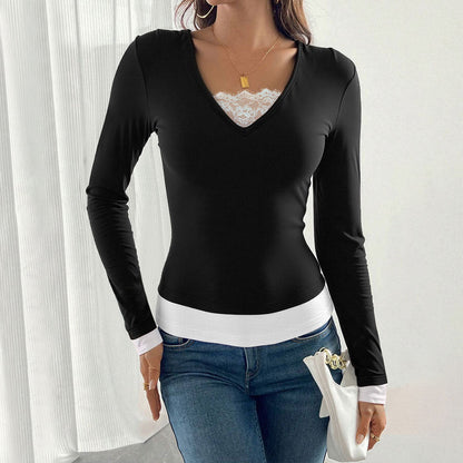 Damen Langarmshirt V-Ausschnitt mit Untertop - Norvielle