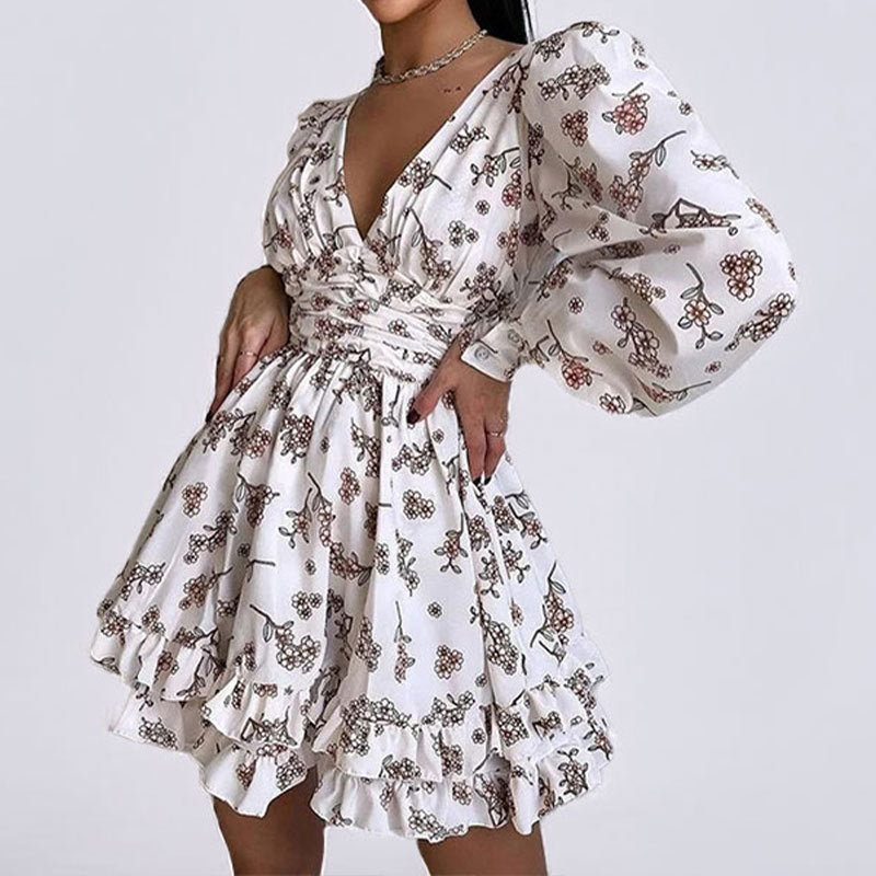 Damen Blumenkleid Voluminöse Ärmel Geraffter Rock Norvielle