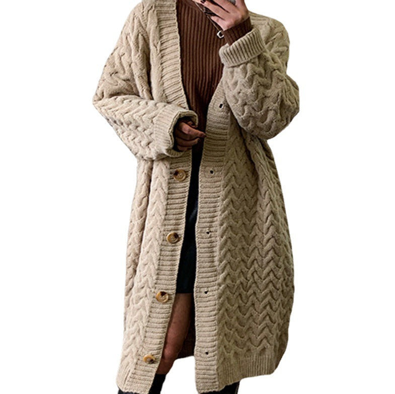Damen Strickcardigan Voluminöser Zopfdesign Knopfverschluss Beige