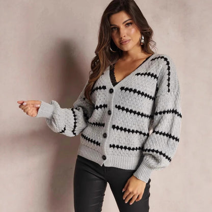 Damen Strickjacke Zickzackmuster Knöpfe Beige
