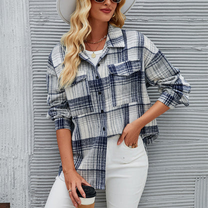 Damen Karobluse Weiches Flanell Knopfleiste Blau - Norvielle
