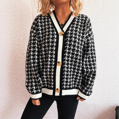 Damen Strickjacke Klassisches Hahnentritt-Muster Große Knöpfe - Norvielle