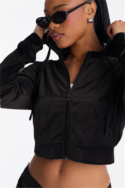 Damen Cropped Kapuzenjacke Stylischer Reißverschluss Praktische