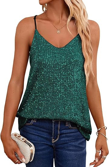 Damen Spaghetti-Trägertop V-Ausschnitt Glitzerdetails