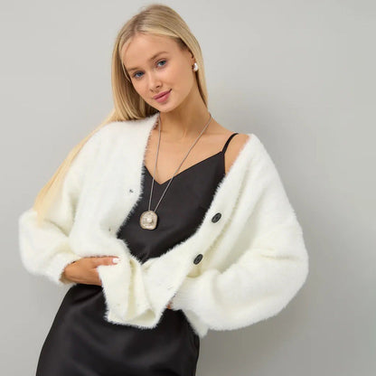 Damen Strickjacke Flauschig V-Ausschnitt Knöpfe Beige - Norvielle