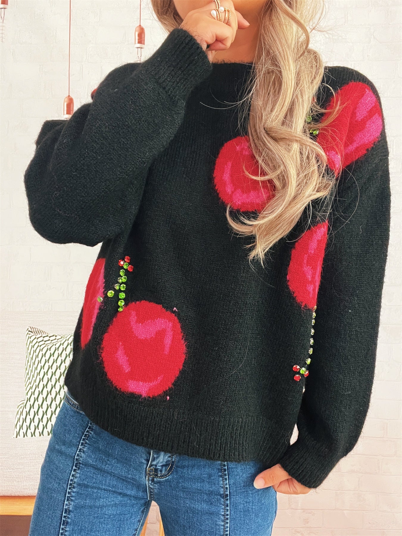 Damen Strickpullover Kuschelig Floralmuster Mit Glitzerakzenten