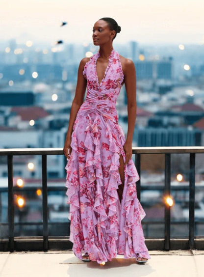 Damen Maxikleid Voluminöse Rüschen Florales Design