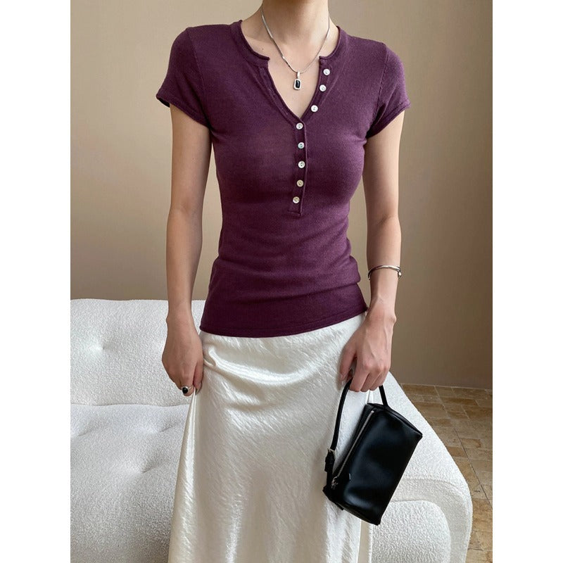 Damen Kurzarm Henley-Shirt Figurbetont Norvielle Baumwolle Weiß - Norvielle