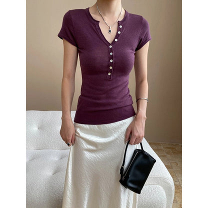 Damen Kurzarm Henley-Shirt Figurbetont Norvielle Baumwolle Weiß - Norvielle