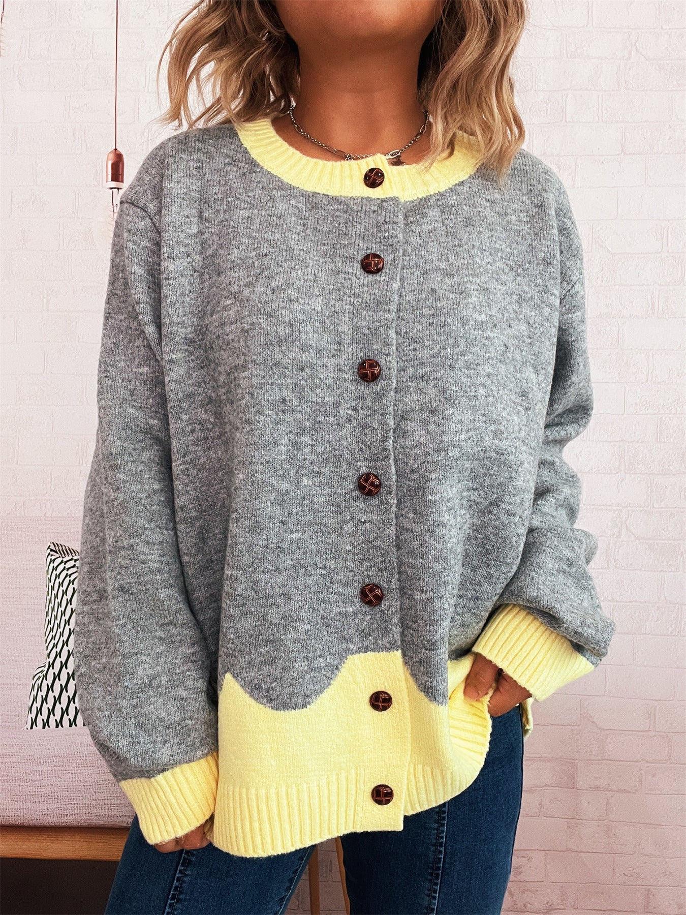 Damen Strickjacke Kuschelig Kontrastbündchen Norvielle