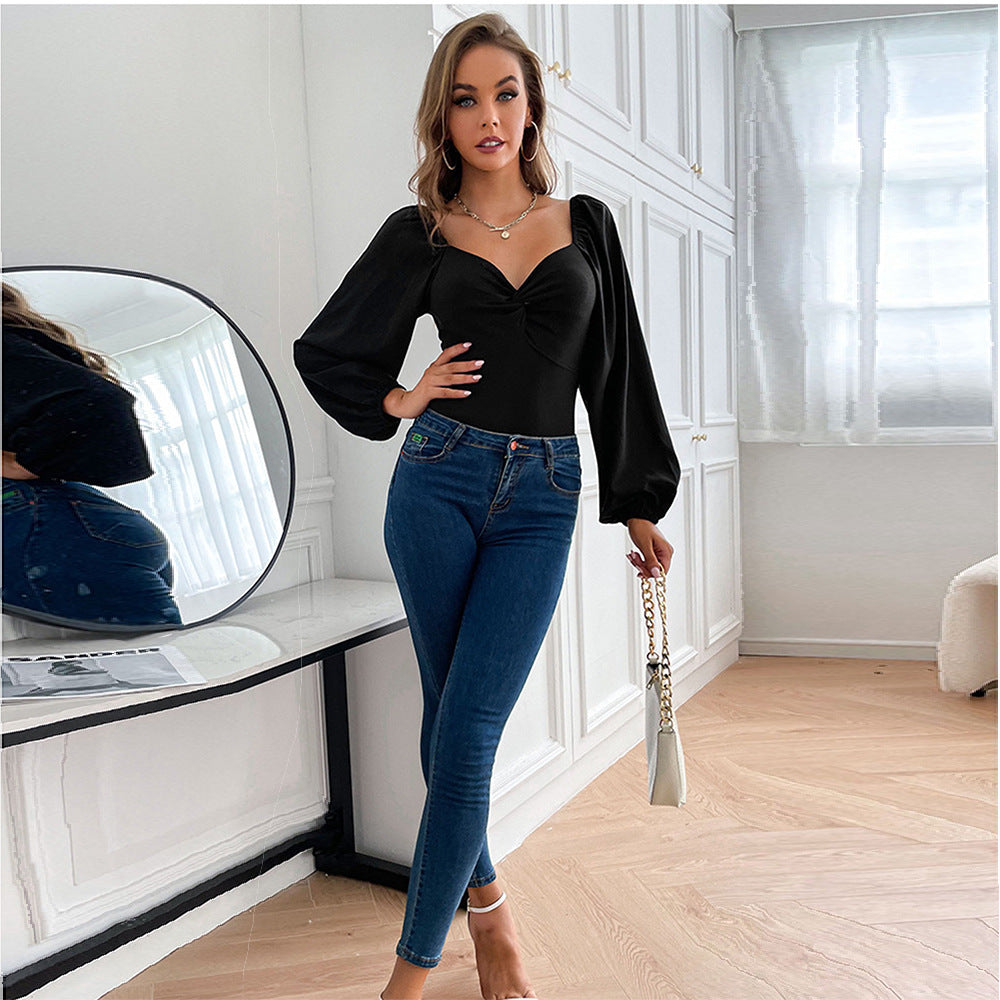 Damen Bodysuit V-Ausschnitt Puffärmel Norvielle