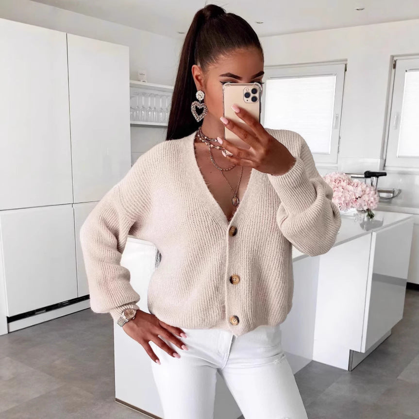 Damen Strickjacke Großknöpfe Lockere Ärmel Beige
