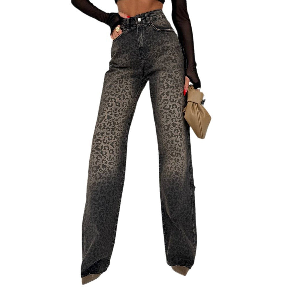 Damen Leoprint Jeanshose Hohe Taille Weite Bein