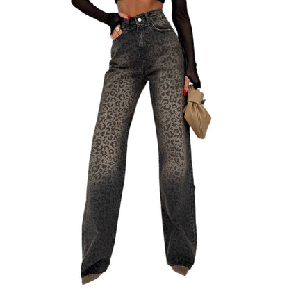 Damen Leoprint Jeanshose Hohe Taille Weite Bein