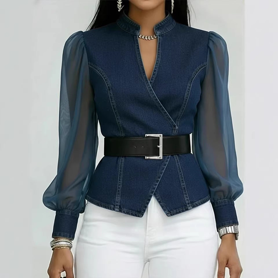 Damen JeansbluseTransparente Ärmel Tailliert