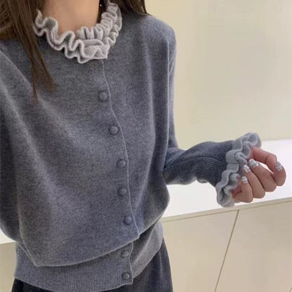 Damen Strickjacke Rüschenkragen Knöpfe Norvielle