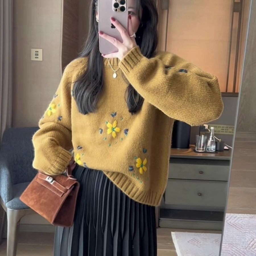Damen Strickpullover Florale Applikationen Norvielle
