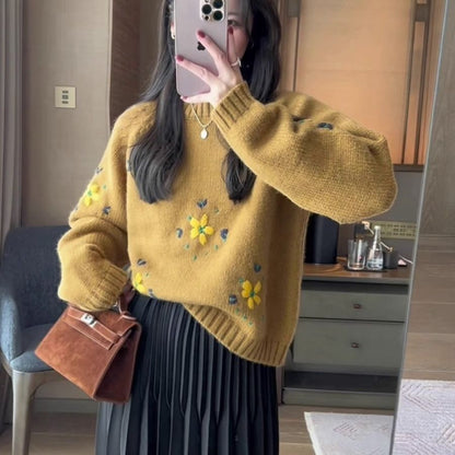 Damen Strickpullover Florale Applikationen Norvielle