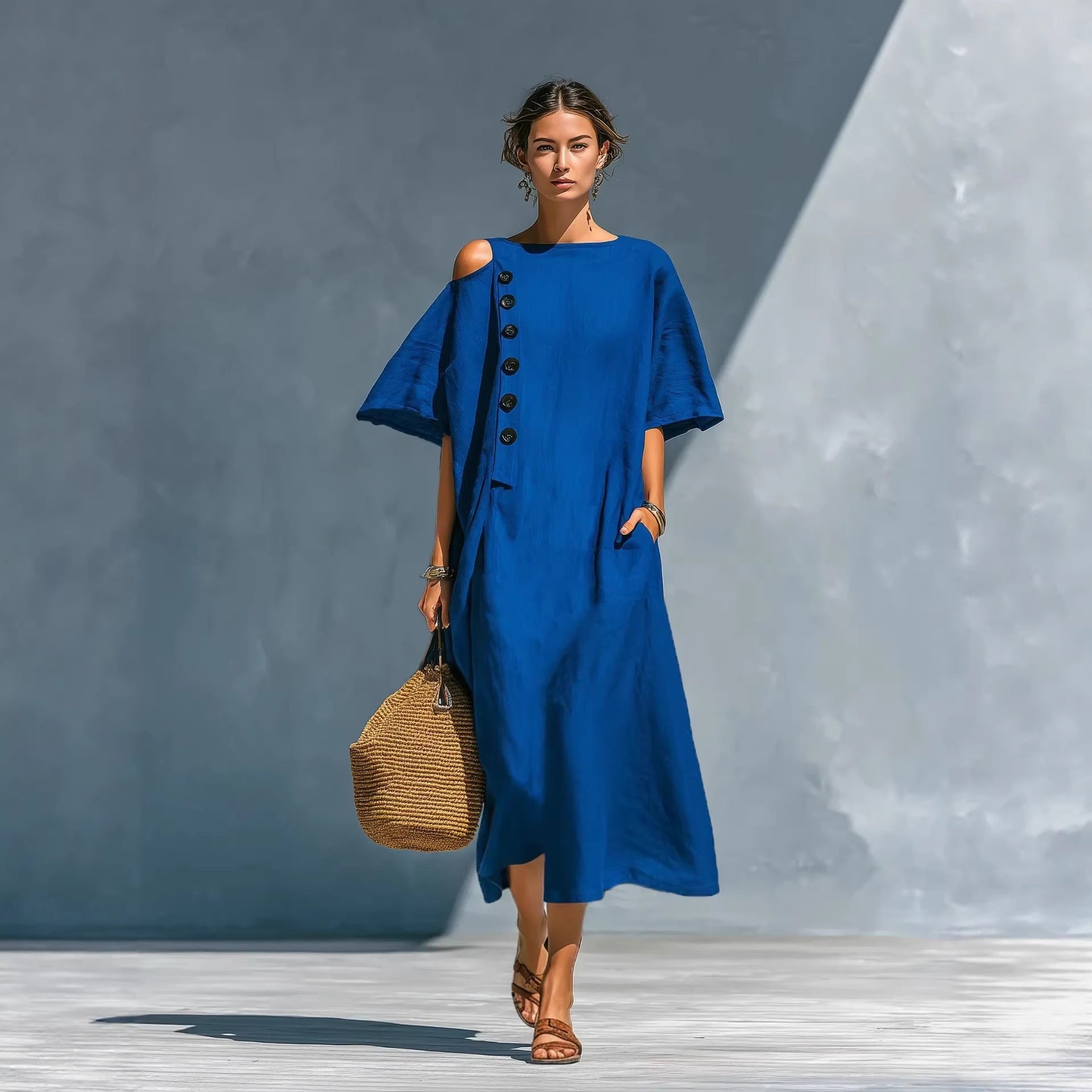 Damen Oversize Langarmkleid Asymmetrischer Ausschnitt Knöpfe Schwarz - Norvielle