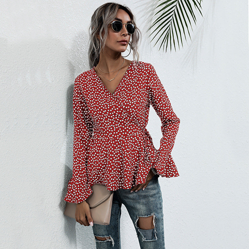 Damen Wickelbluse Voluminöse Ärmel Punktemuster Bluse - Norvielle