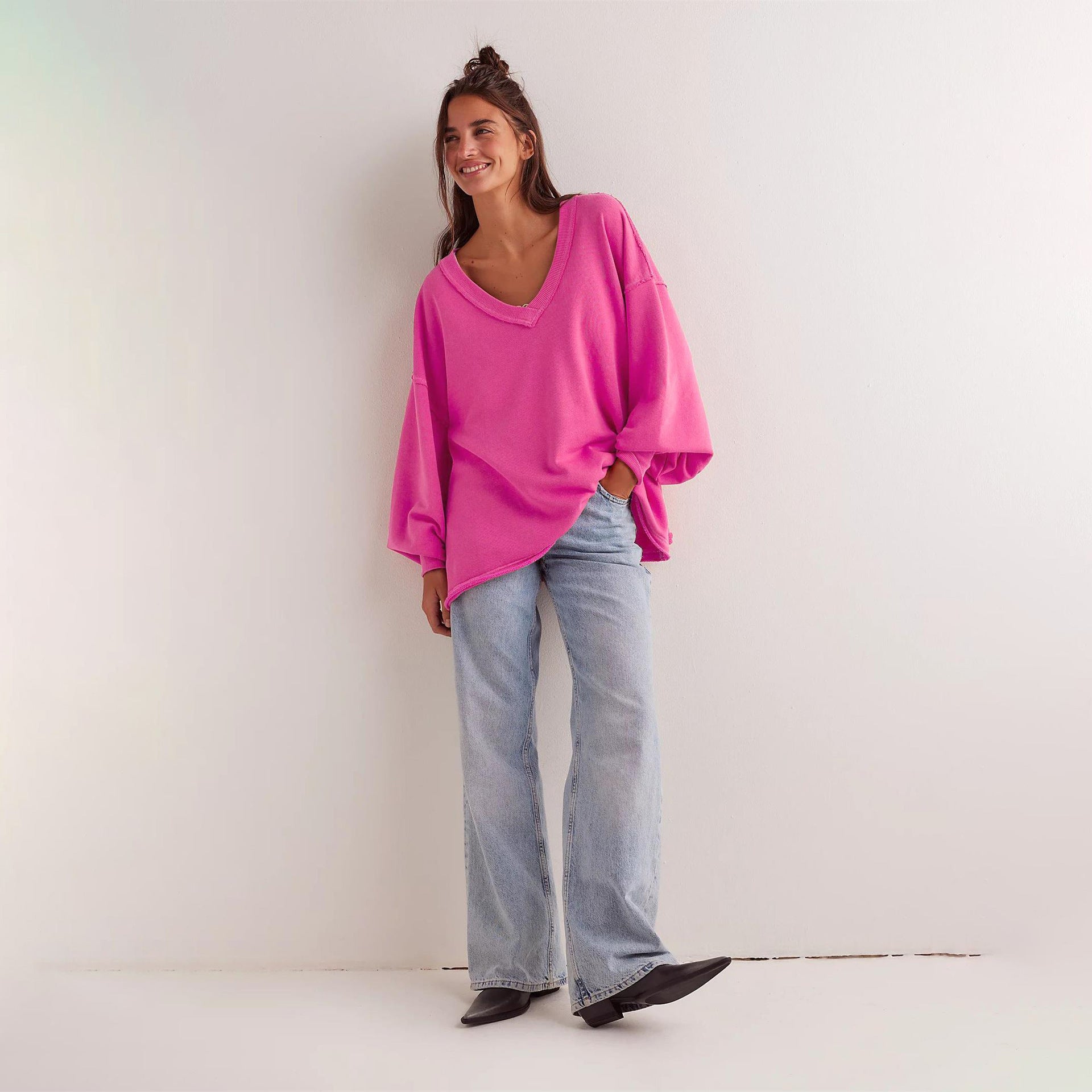 Damen Oversized Sweatshirt V-Ausschnitt Lässiger Schnitt Beige - Norvielle
