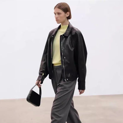 Damen Kunstlederjacke Lässig Voluminöse Ärmel