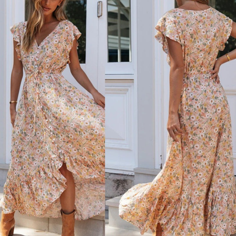 Damen Maxikleid Blumendruck Rüschendetails