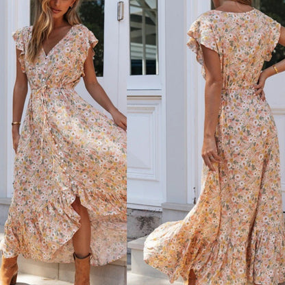 Damen Maxikleid Blumendruck Rüschendetails