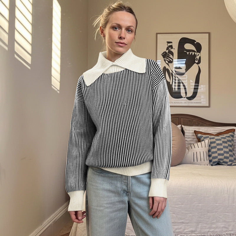 Damen Pullover Streifenmuster Eleganter Kragen Norvielle
