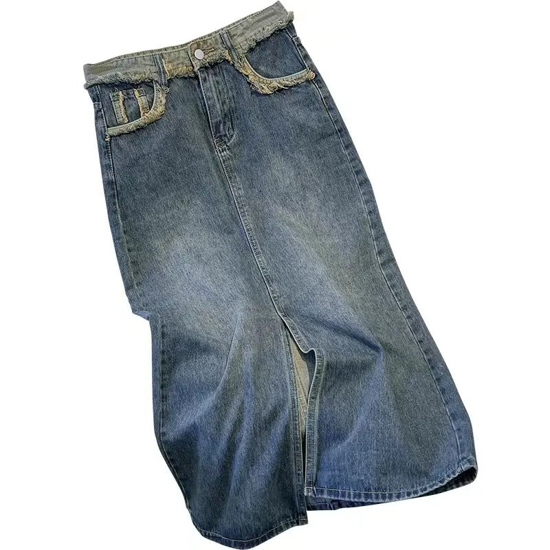 Damen Denim-Midi-Rock mit Frontschlitz