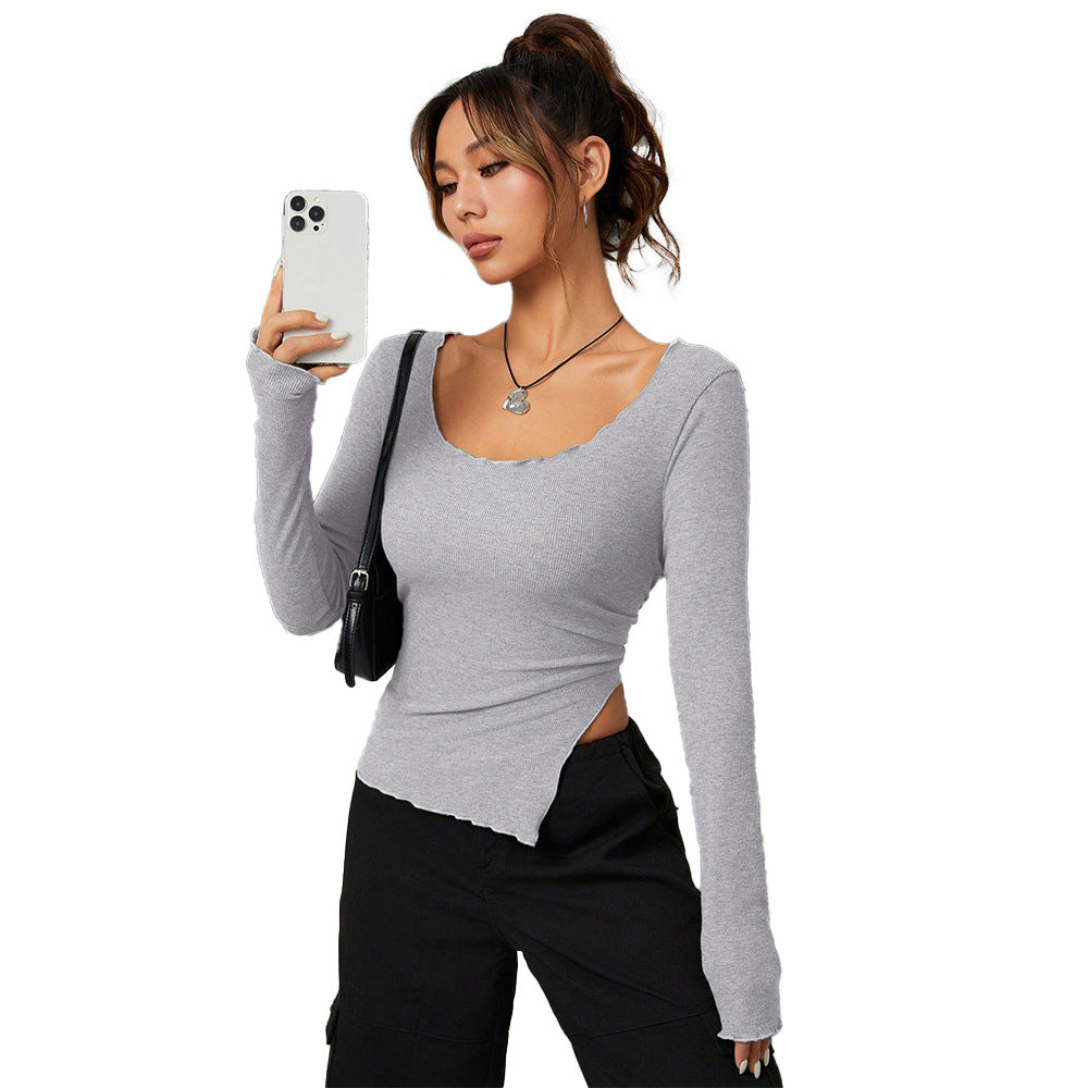 Damen Langarmshirt Asymmetrischer Saum Eleganter Ausschnitt Norvielle