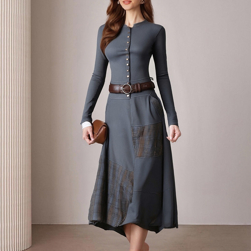 Damen Midi-Kleid mit Knöpfen Kontrastdetails Norvielle