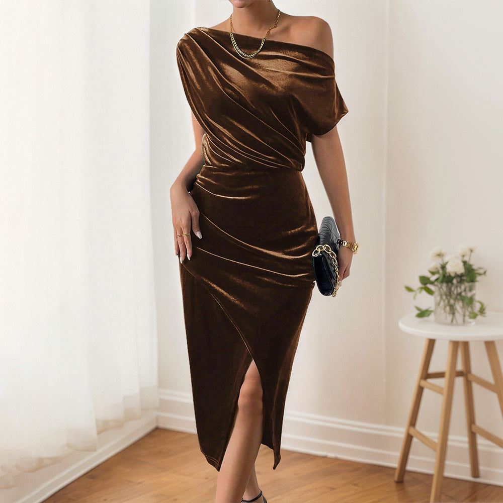 Damen Maxikleid Schulterfrei Samt