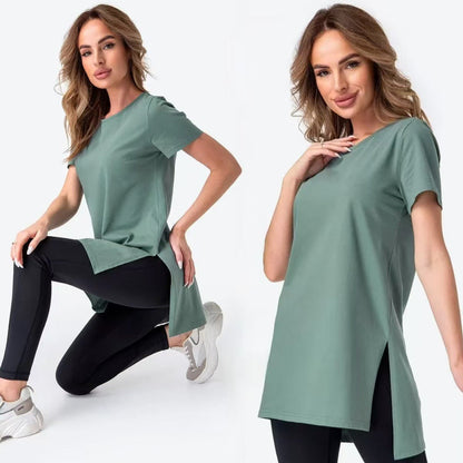 Damen Longline T-Shirt mit Schlitzen Hochwertig Bequem Weiß - Norvielle