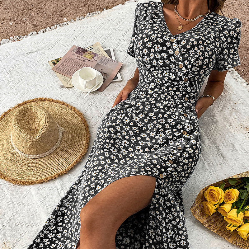 Damen Blumenkleid mit Knöpfen und Seitenschlitz