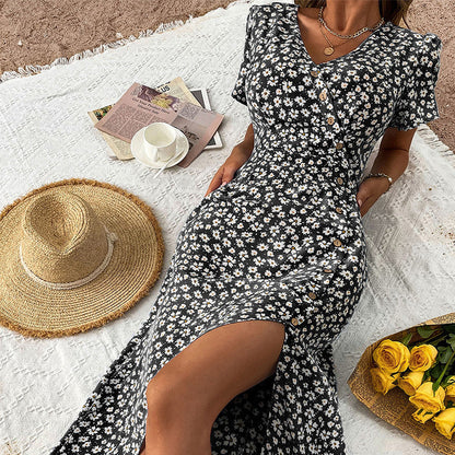 Damen Blumenkleid mit Knöpfen und Seitenschlitz