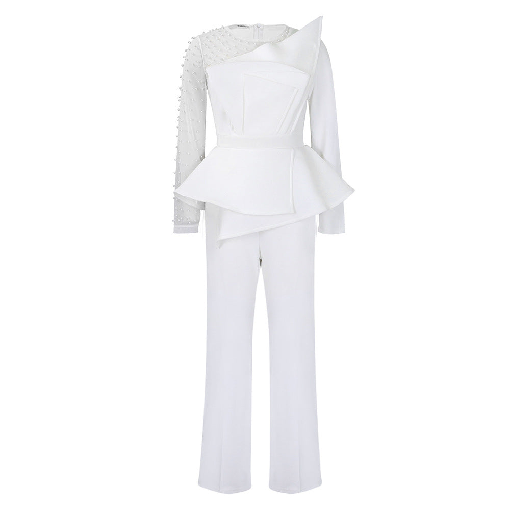 Damen Jumpsuit Asymmetrisch Perlendetails