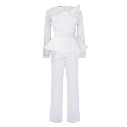 Damen Jumpsuit Asymmetrisch Perlendetails
