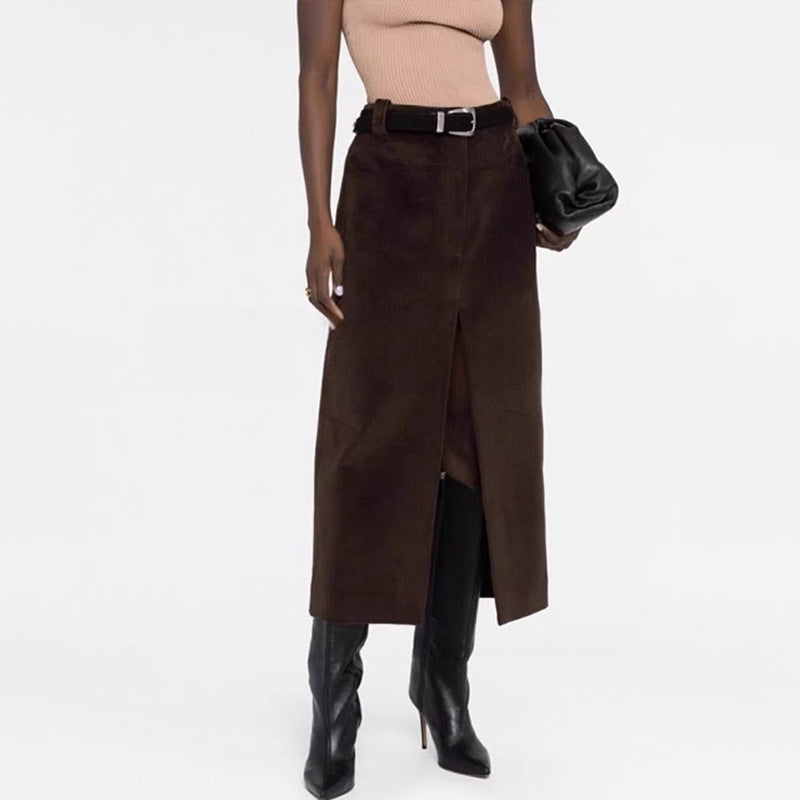 Damen Cordrock Lang Mit Hohem Schlitz Dunkelblau