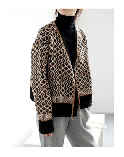 Damen Strickjacke Geometrisches Muster Knöpfe Beige
