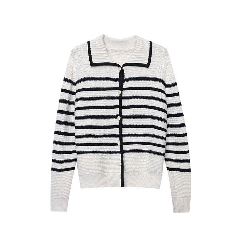 Damen Strickjacke Gestreift Lässig Mit Druckknöpfen Beige