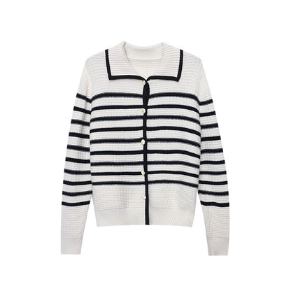 Damen Strickjacke Gestreift Lässig Mit Druckknöpfen Beige
