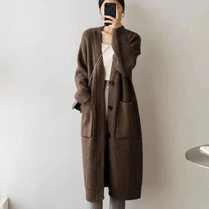 Damen Strickcardigan Lang mit Taschen und Knöpfen Beige - Norvielle