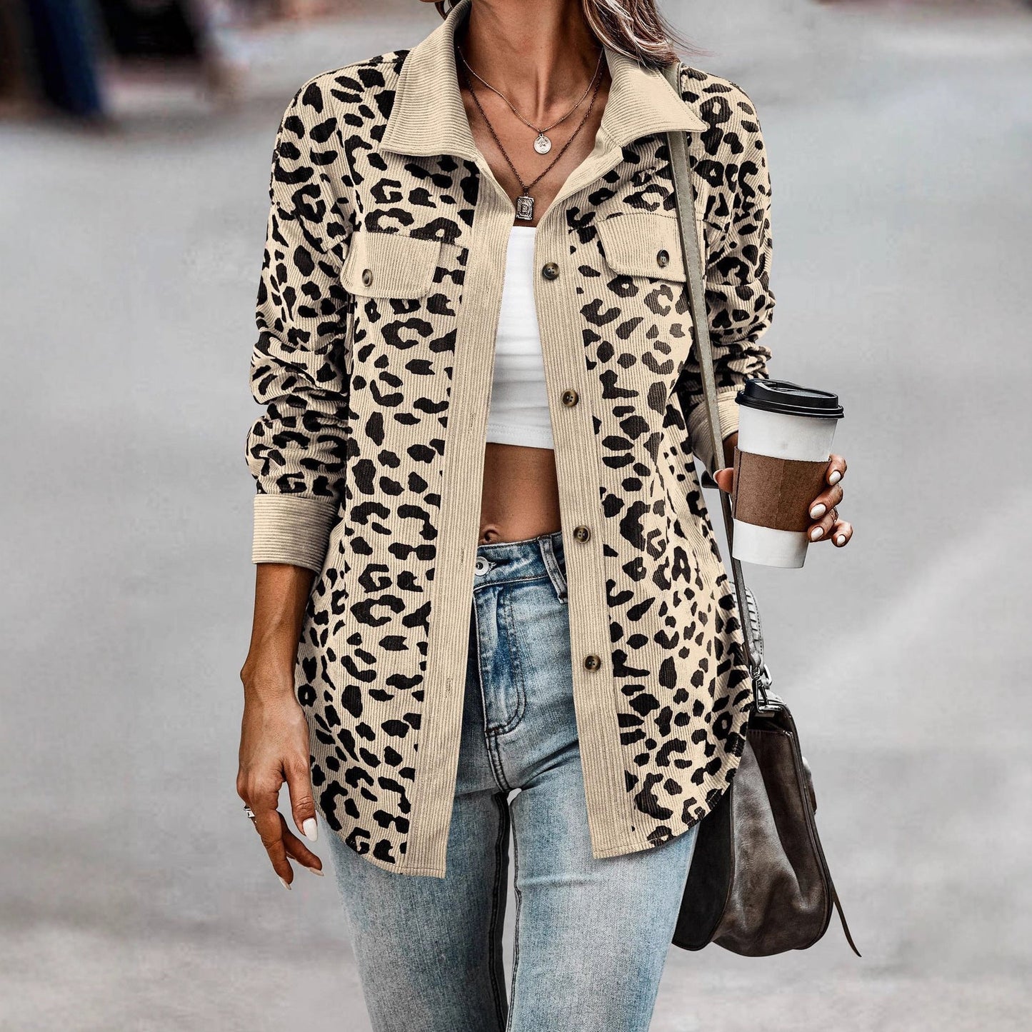 Damen Kordjacke Leo-Print mit Brusttaschen Norvielle - Norvielle