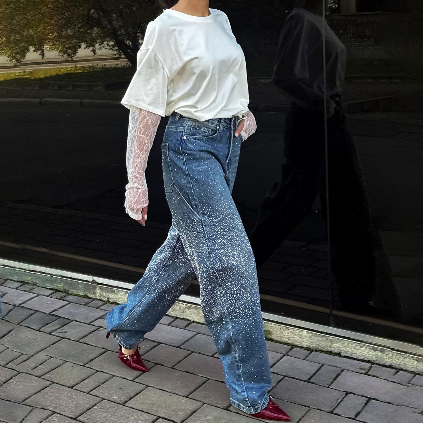 Damen Oversized T-Shirt Spitzenärmel Weiß