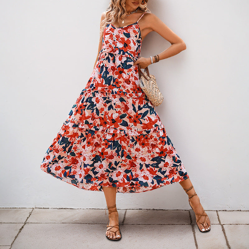 Damen Maxikleid Florale Rüschen Spaghettiträger Norvielle