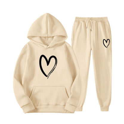 Damen Sweatanzug Kängurutasche Herzprint Grün