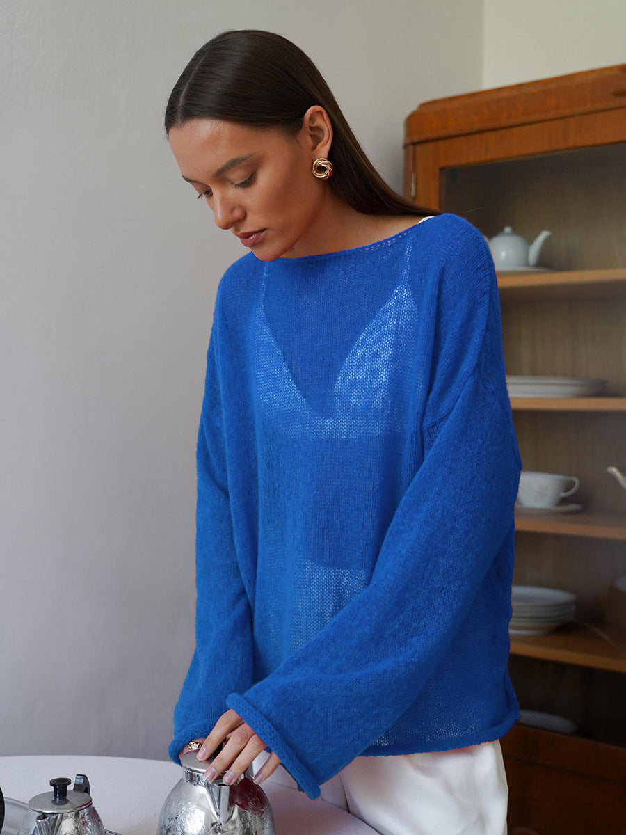 Damen Pullover Lässig Weite Ärmel Feines Lochstrick Beige