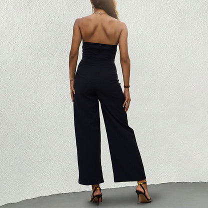 Damen Jumpsuit Rückenfrei Weites Bein Eleganter Brustakzent