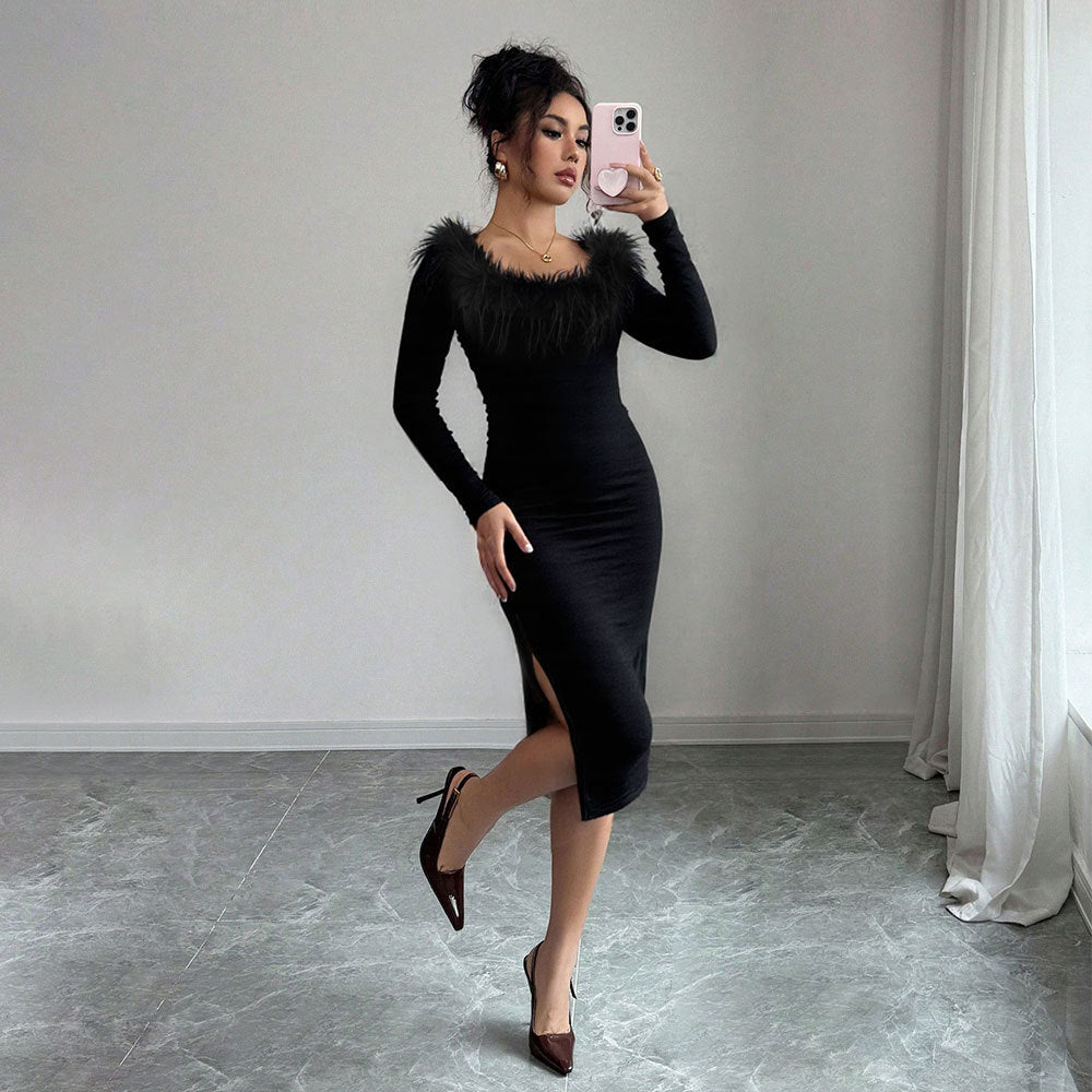 Damen Midi-Kleid mit Federverzierung und seitlichem Schlitz